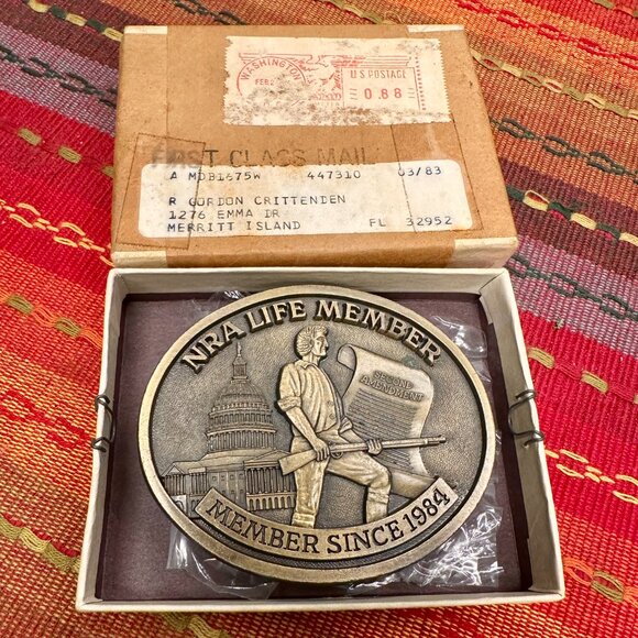 Vintage NOS 1984 NRA National Rifle Life Member Gun Brass Belt Buckle - Picture 3 of 3